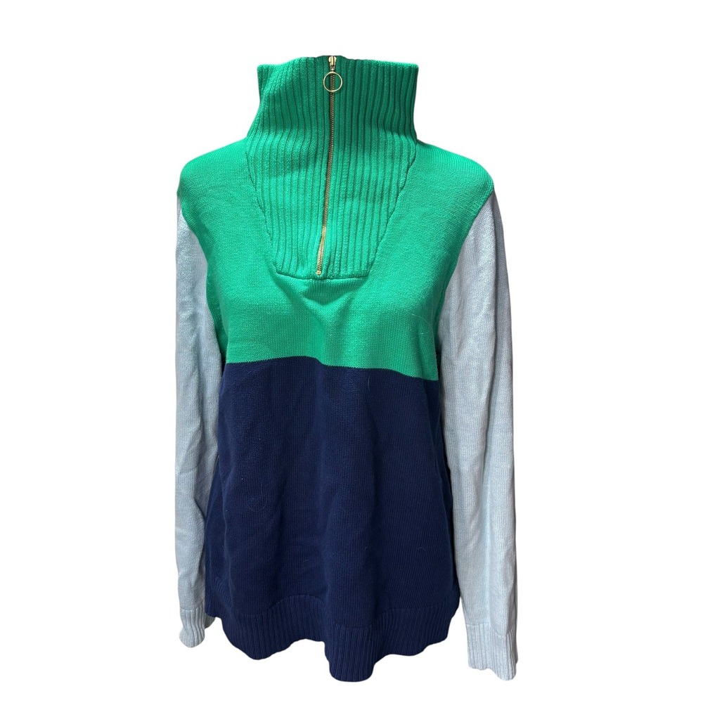J.Crew Re-Imagined Colorblock Quarter Zip Sweater Green Navy Blue Large #1168